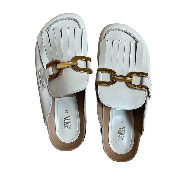 Zara Womens Beige Cream leather mules sandals with tassels & gold chain Sz 38 - Picture 3 of 15